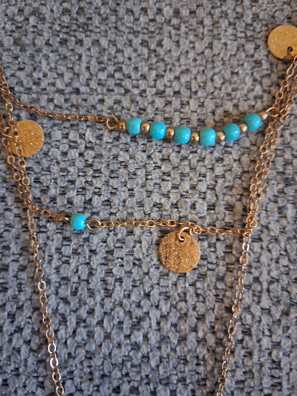 Layered Gold Feather Pendant Necklace with Turquoise Beads - Women Jewelry